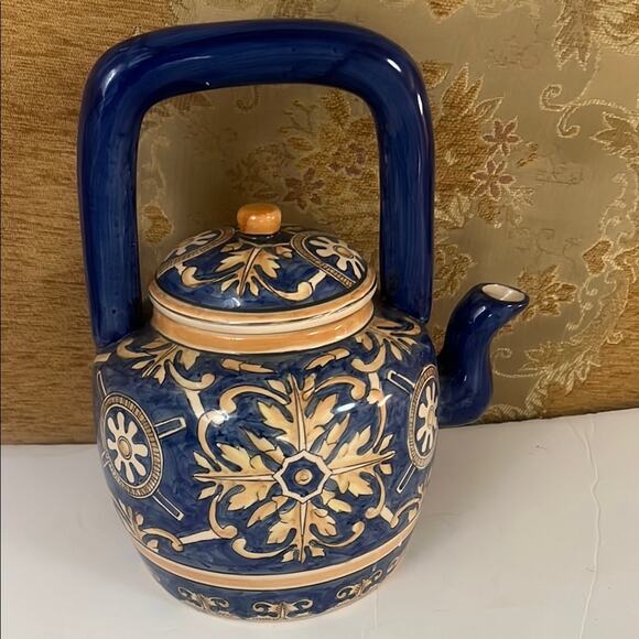 ANTIQUE CHINESE YELLOW‎ COBALT BLUE CERAMIC POTTERY TALL HANDLE TEA POT - Picture 1 of 8